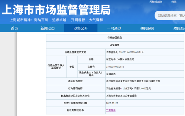 pg麻将胡了2试玩东芝电梯遭罚没7万余元 未按技术规范要求进行电梯维护保养